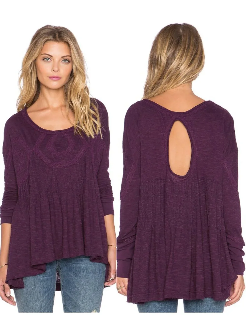 Free People New Hope Babydoll Long Sleeves Top S Eggplant Cutout Peasant Boho